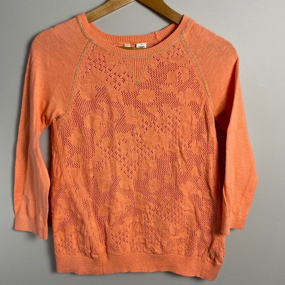 Anthropologie MOTH Women's Peach Open Crochet Long Sleeve Lightweight Sweater S‎